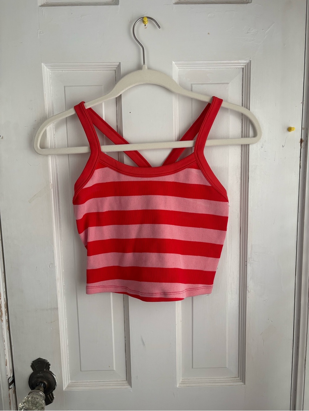 Amazon Pink and Red Striped Cropped Tank with Cross-Back Straps
